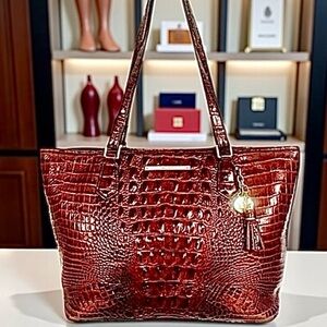 Brahmin Melbourne Asher Pecan Brown Crocodile-Embossed Leather Tote Bag